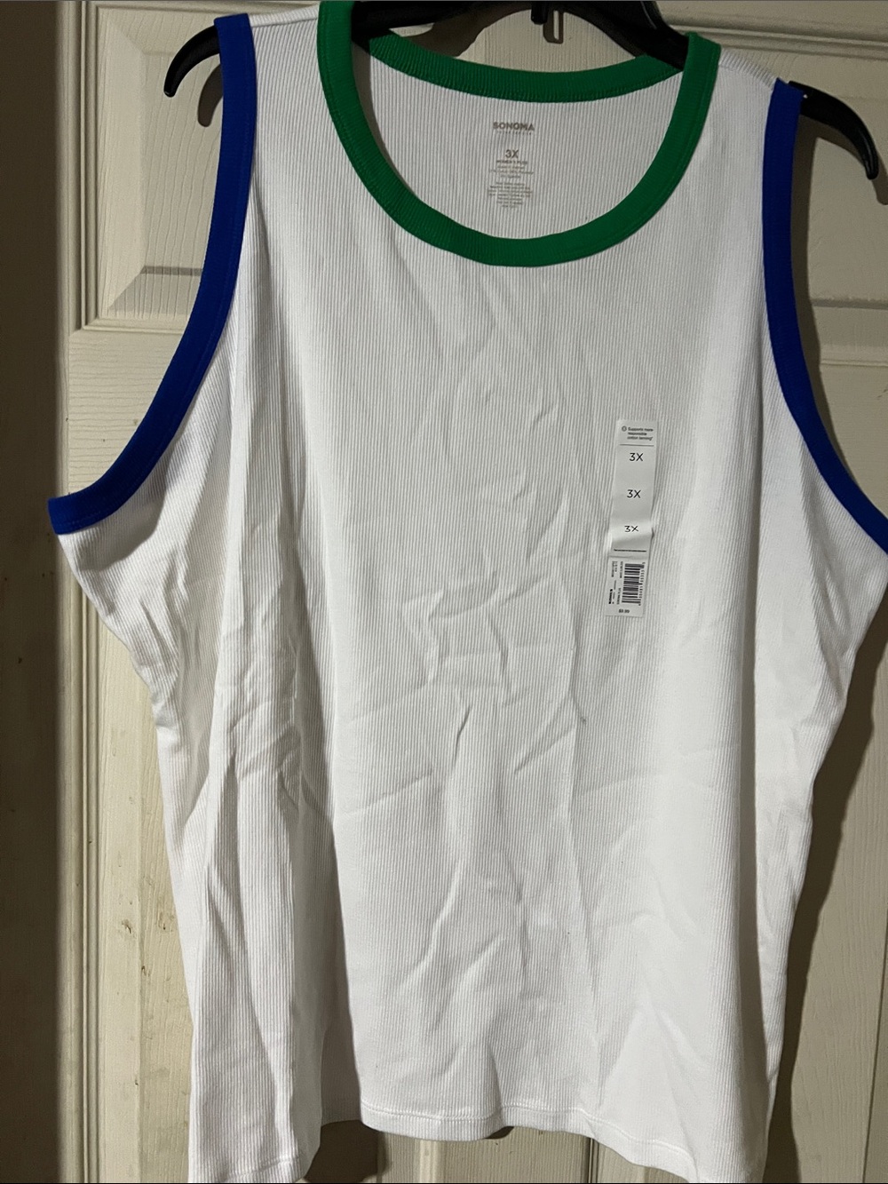 Sonoma White Ribbed Tank with Green Neckline and Blue Arm Trim